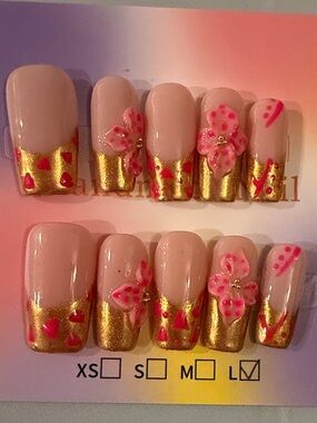 Gold French Tip Press-On Nails with Pink Floral Accents